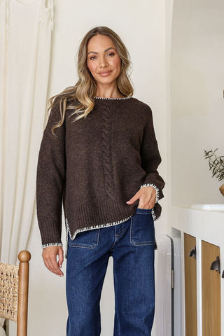 Cable Knit with Blanket Stitching | Chocolate