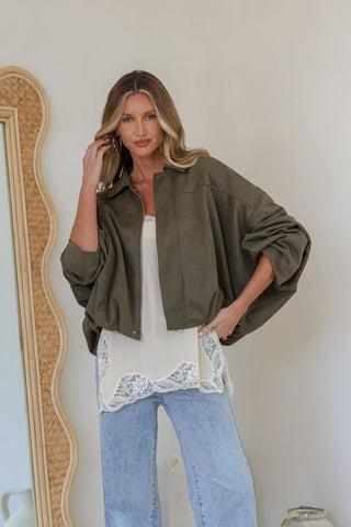 Amara Faux Suede Bomber Jacket | Khaki