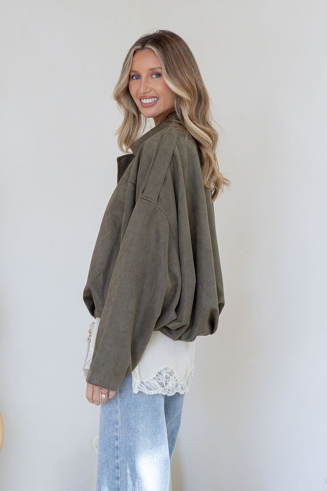 Amara Faux Suede Bomber Jacket | Khaki