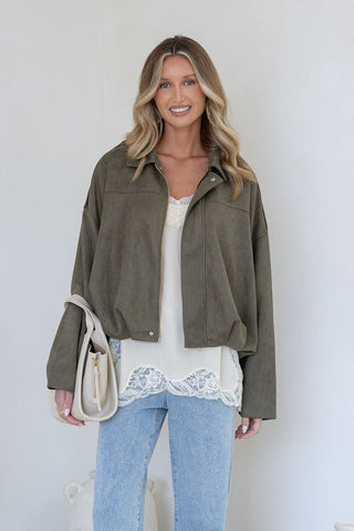 Amara Faux Suede Bomber Jacket | Khaki
