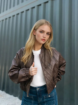 Lennox Quilted Faux Leather Bomber Jacket | Chocolate