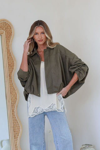 Amara Faux Suede Bomber Jacket | Khaki