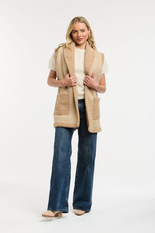 Faux Shearling Long Vest | Wheat