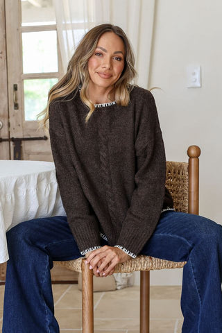 Cable Knit with Blanket Stitching | Chocolate