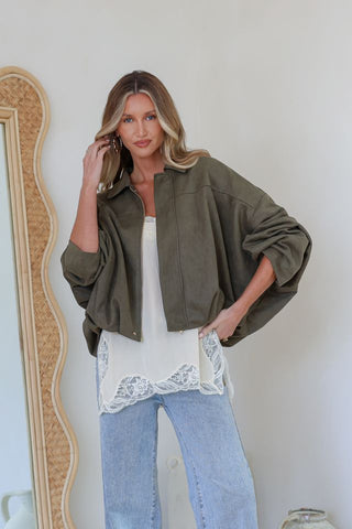 Amara Faux Suede Bomber Jacket | Khaki
