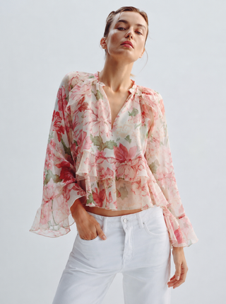 Mayflower Chiffon Ruffle Blouse | Soft Pink Green