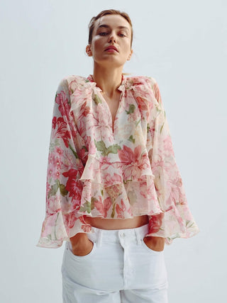 Mayflower Chiffon Ruffle Blouse | Soft Pink Green