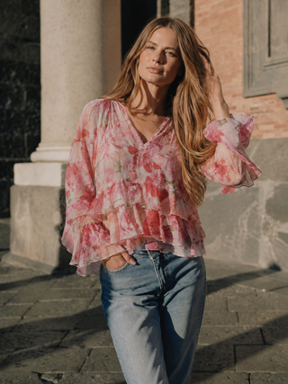 Mayflower Chiffon Ruffle Blouse | Soft Pink Green