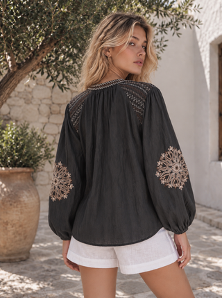 Chambray Embroidered Blouse | Washed Black