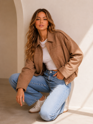 Amara Faux Suede Bomber Jacket | Soft Tan